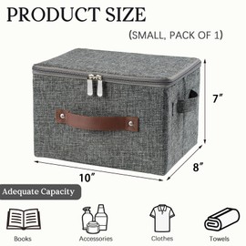 HYVAKUPPA Storage Bins with Zipper Lid Foldable Fabric Lidded Storage Boxes Baskets Cubes Washable Collapsible PU Leather Handle Cotton Linen Fabric Shelf Closet Organizer Container(Gray, Small Size)
