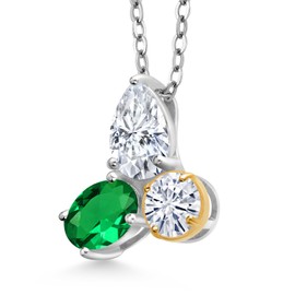 Gem Stone King 925 Sterling Silver and 10k Yellow Gold White Moissanite and Nano Emerald 3