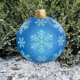 Clovers Garden Blue Metal Christmas Ball Ornament Yard Stake with White Snowflakes - Elegant Lawn Holiday Sign for Outdoor or Indoor - Walkways, Planters and Walls
