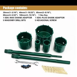 dashap 9PCS Concrete Hole Saw Kit, Masonry Hole Saw, SDS Plus & Max Bit Shank for Cement Brick Wall, Carbide Hole Saw Kit 30 40 65 80 100mm, Diamond Drill Core Bit for Brick, Cement, Stone