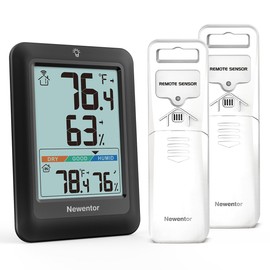 Newentor Indoor Outdoor Thermometer Wireless, Remote Temperature Monitor Hygrometer, Outside Inside Thermometers with Comfort Indicator, 4 Inch Screen, 328ft Range for Home Patio, Black with 2 Sensors