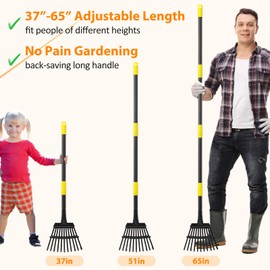 Rake, Garden Rake for Leaves, Heavy Duty Metal Leaf Rake with 37-65 inch Adjustable Steel Handle, 11 Tines Small Narrow Rake for Lawns Yard Flower Bed Grass Mulch Shrub Camping Gardening