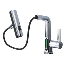 BARROCK Waterfall Bathroom Faucets with Pull Down Sprayer, Modern Pull Out Bathroom Sink Faucet with Fahrenheit Digital Temperature Display, Height Adjustable Basin Tap No Battery Needed, Chrome