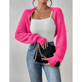 Amarmia Women's Long Sleeve Open Front Knit Cropped Cardigan Sweaters Casual Solid Spring Summer Short Shrugs Sweater Coats Rose Pink