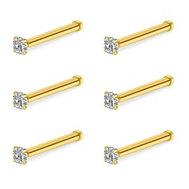 incaton 22g Nose Studs Stainless Steel Nose Piercings Rings Nose Bone Gold 6Pcs 1.5mm CZ