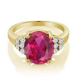 Gem Stone King 18K Yellow Gold Plated Silver Red Created Ruby Women's Engagement Ring (5.30 Ct Oval) (Size 6)