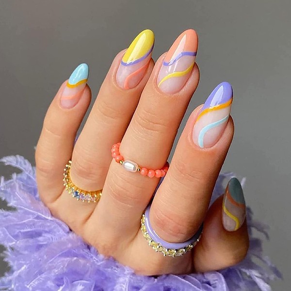 Justotry Pack of 24 Almond Glue-On Nails, Short, Multicoloured French