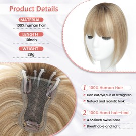 Lasunork Hair Toppers for Women Human Hair Topper with Bangs Hand-woven Swiss Base Hair Topper (Honey Blonde with Dark Brown Root)