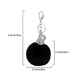 Czsycdsf Crystal Initial Letter A-Z Puff Fur Ball Keychain, Black Pom Pom Keyrings Soft Faux Rabbit Fur Balls Key Chain Fluffy Keyrings Car Keyring Pendant Artificial Fur Ball Key Ring Accessory, B