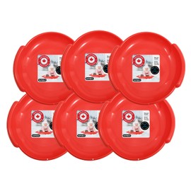 Superio Round Snow Saucer Sled- 24" Plastic Disc Sled for Kids and Adults- Heavy Duty Sled with Handles for Downhill Sledding, Winter Outdoor Sports (Red, 6 Pack)