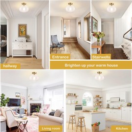 Gold Semi Flush Mount Ceiling Light Fixture,Hallway Light Fixtures,Industrial Close to Ceiling Mount,Globe Glass Ceiling Fixture,Vintage Ceiling Lamp,Farmhouse Lighting for Bathroom Entryway Bedroom