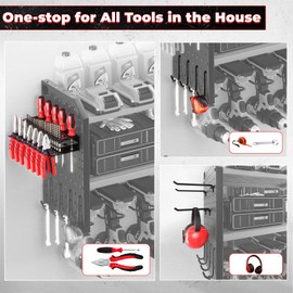 KAFAHOM Power Tool Organizer, Large 8 Drill Holder Wall Mount with 2 Side Pegboards, Heavy Duty Metal Tool Shelf with 12 Hooks, Storage Rack for Garage Organization, Utility Battery Shelves - Red