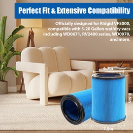 2 Pack 3-Layer VF5000 Replacement Filter for Rigid Shop Vac 5-20 Gallon Wet Dry Vacuums, fits RV2400A RV2400HF RV2600B WD06700 WD0671 WD0671EX0 WD0970 WD09700 WD1270 WD1450 WD1680 WD1851