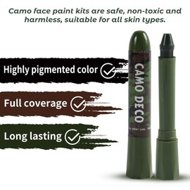 3 Color Camo Face Paint Stick Set - Waterproof & Sweat-Resistant Camouflage Makeup for Hunting, Military Training Outdoor Survival Safe for Face Eye Use Black Brown Green Army Sticks