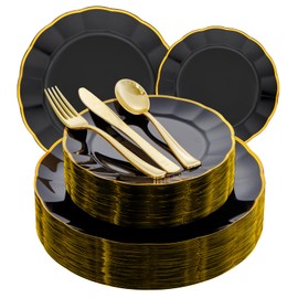 EI 150pcs Black Plastic Plates,Black and Gold Fancy Plate,Gold Plastic Silverware,Black and Gold Dinnerware Set,Premiun Heavy Duty Taleware,Perfect for Birthday,Party,Wedding,Anniversary
