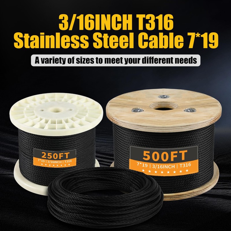 T316 Black 3/16IN Stainless Steel Cable, 100ft Wire Rope, 7X19