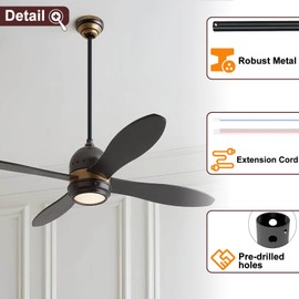 24 Inch Ceiling Fan Downrod, 1" Diameter Matte Black Ceiling Fan Extension Rod (No Threads) with 5 x 18-AWG Wires,Universal Down Rods for Ceiling Fans,Easy Installation