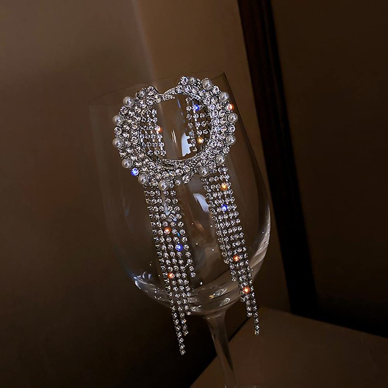 Wiwpar Dainty Moon Ear Stud Pave Pearl Tassel Earrings Rhinestones