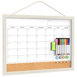 Calendar Whiteboard for Wall, 18x24 Inches Whiteboard Calendar Cork Board Combo, Magnetic White Board Monthly Calendar with Wood Framed, Hanging Dry Erase Board for Kitchen Home Office Planner