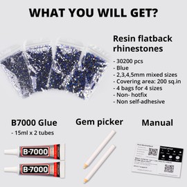 30200Pcs Royal Dark Navy Blue Resin Rhinestones with b-7000 Adhesive Glue for Crafts Clothing Clothes Fabric, Flatback Gems, Flat Back Crystals Diamonds Bulk ss6 ss10 ss16 ss20 Mixed Sizes, Non Hotfix