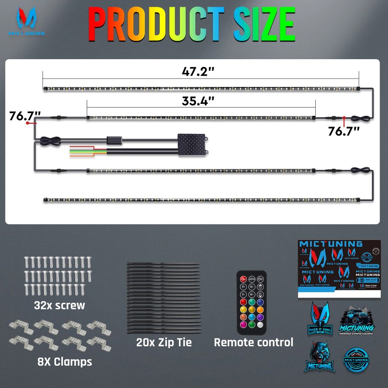 MICTUNING 4Pcs RGB+IC LED Strips Car Underglow Underbody System Neon