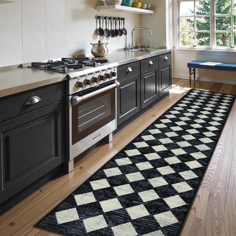 Lahome Checkered Washable 2x12 Runners for Hallways Non Slip, Black