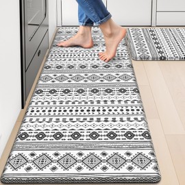 StepRite Kitchen Mats for Floor, Kitchen Rugs Sets of 2, Non-Slip Washable Kitchen Decor Rugs, Anti Fatigue Mats for Kitchen Floor, Sink, Office, Laundry, 17.3"×30"+17.3"×59", Black and White