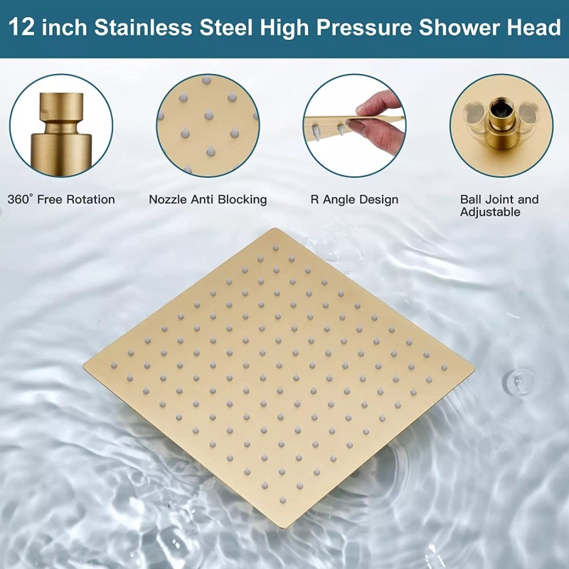 BWE Brushed Gold Shower Faucet System 12" Rain Combo Head