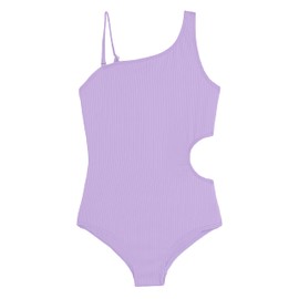Kanu Surf Girls' Cori Beach Sport One Shoulder Side Cut UPF 50 1Pc Swimsuit, Rib Solid Lavender