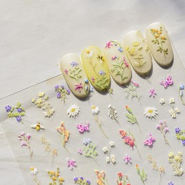 5D Embossed Flower Nail Art Stickers Spring Nail Stickers Summer Floral Nail Decals Daisy Plant Bee Design 1PCS DIY Self Adhesive Nail Art Supply for Women Manicure Decoration Accessories