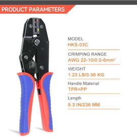 HKS Crimping Tool For Insulated Electrical Connectors - Ratcheting Wire Crimpers - AWG 22-10 (0.5-6.0mm²) - Ratchet Terminal Crimper - Electrical Crimping Tool