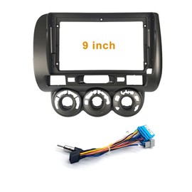 9'' Car Radio Stereo Dash Frame Fascia Bezel Panel with Power Harness Compatible for Honda Fit Jazz 2004 05 06 07 LHD Install Mount Kit
