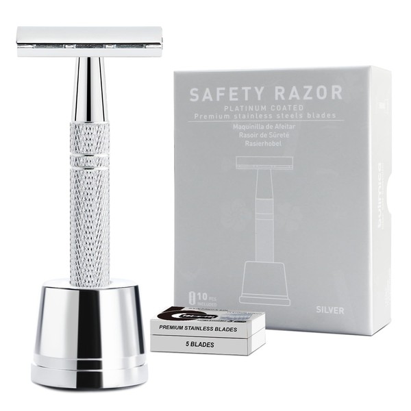 Double Edge Safety Razor with Stand, Reusable Metal Single Blade