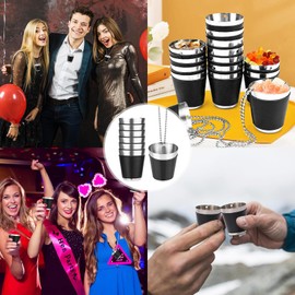 Begpoee Pack of 12 Shot Glasses Stainless Steel 30 ml, Small Stainless Steel Leather Cups, Shot Cups with Chain, for Wedding Parties, Carnival, Birthday Party, Bachelorette Party (4.2 x 3.7 cm, Black