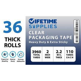 Lifetime Supplies 36 ROLLS [UPGRADED] Clear Premium Packing Tape, 110 YARDS, 2.2 mil, Heavy Duty Packaging Tape for Shipping, Moving, Sealing - STRONGER & THICKER
