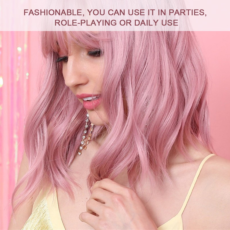 LC210-1 Curly Wavy Wig Pink Pastel Short Bob Synthetic Wigs