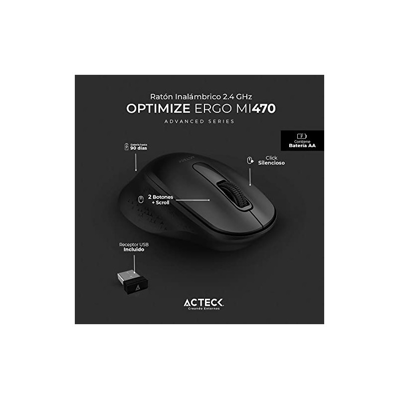 Acteck Mouse Inalambrico 2.4 GHz Optimize Ergo MI470 Diseño Ergonomico