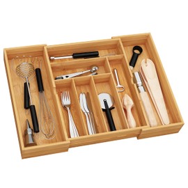 BAMEOS 3" Deepth Expandable Drawer Organizer, Deep Flatware Organizer, Adjustable Silverware Organizer, Bamboo Drawer Organizer for Kitchen, Bathroom (Natural)