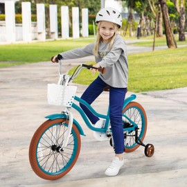 COSTWAY Kids Bike, 18 Inch Toddler Children Bike w/Kickstand, Training Wheels, Hand & Coaster Brakes, Adjustable Saddle & Handlebar, Basket, Kids Bicycle for Girls Boys Aged 3-8 Years Old, Turquoise