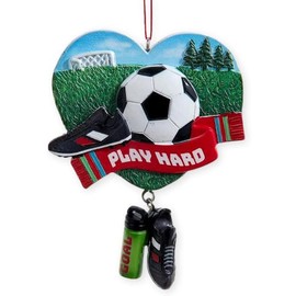 The Bridge Collection Heart Shaped Soccer Ornament with Dangling Soccer Cleats - 4" "Play Hard Christmas Ornament for Soccer Player Featuring Cleats, Soccer Ball & Water Bottle