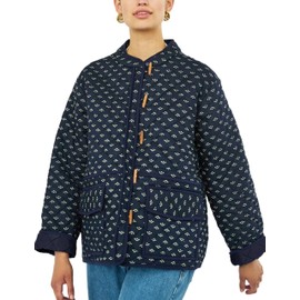 Dqbeng Womens Quilted Jacket Lightweight Floral Print Button Down Padded Puffer Cardigan Coat Outwear (Navy-M)