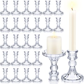 24 Pcs Clear Taper Candle Holders 4'' Tall Candlestick Glass Holders Bulk Stripe Decorative Stand Wedding Stick Holder for Anniversary Party Dining Table Festival Decor