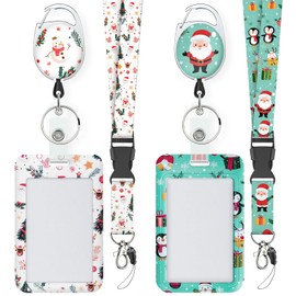 Uniclife 2 Pack Christmas Sliding Badge Holder Hard ID Card Holder with Cartoon Santa Claus & Snowman Patterns Vertical Card Protector with Retractable Badge Reel Carabiner & Detachable Lanyard Strap
