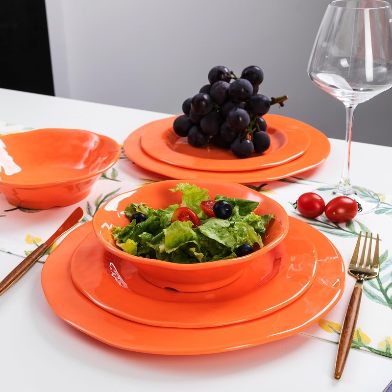 LEHAHA Orange Melamine Dinnerware Set, 12 Piece Kitchen Tableware Plates