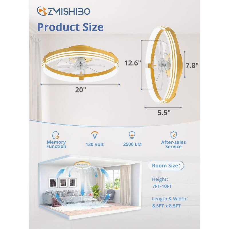 ZMISHIBO Low Profile Ceiling Fans with Lights and Remote, 20