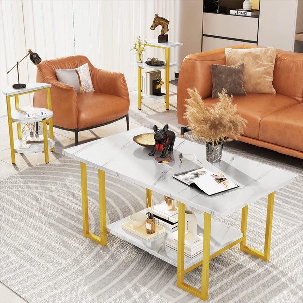 DKLGG Coffee Table Set of 3, Modern 3-Piece Table Set Faux Marble Coffee Table & 2 End Tables Open Shelves with Metal Legs, Living Room Table Sets for Apartment, Small Space