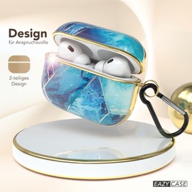 EAZY CASE - Protective Case for AirPods Pro 2 Case Blue Hard Case Shockproof with Carabiner Suitable as Keychain Anti-scratch Case Non-Slip Hard Case for Airpod Pro 2nd Generation in Light Blue Marble