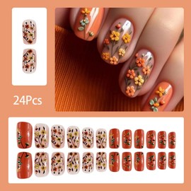 24Pcs Orange Square Press on Nails Short Fake Nails with Glue Glossy Full Cover Artificial Nails Spring Summer False Nails with Colorful Flower Design 3D Flower Nails Reusable Stick on Nails for Women