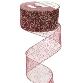MEEDEE Red Gold Swirl Wired Ribbon 2.5 Inch Dark Red Sheer Ribbon with Gold Swirl Glitter Wired Ribbon Organza Sheer Ribbon 25 Yards Burgundy Sheer Christmas Ribbon for Christmas Tree, Wreath Bow