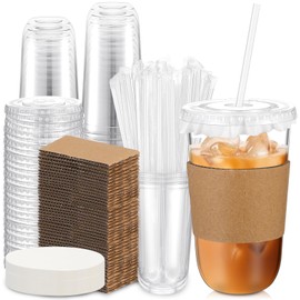 Baderke 50 Sets Clear Plastic Coffee Cups with Leak-proof Paper, Cup Sleeves, Lids, and Straws, Disposable PET Cups for Iced Coffee, Cold Drinks, Juice, Smoothie, Milkshake, Cafes, Party(18 oz)